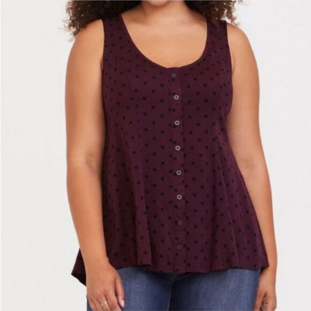 Torrid Fit Flare Stretch Challis Button Front Tank Burgundy Black Polka Dots 2X